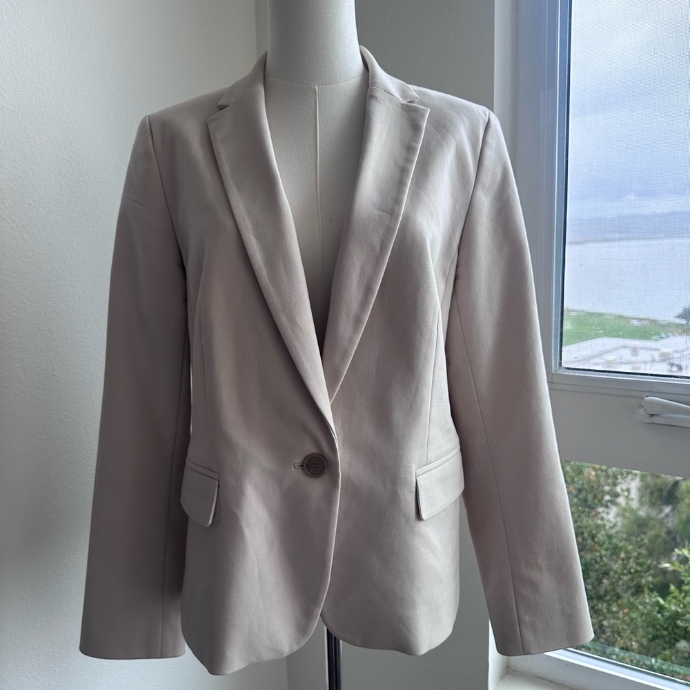 Ann Taylor Women's Cream Beige Blazer 14 P Petite Cotton Blend Stretch